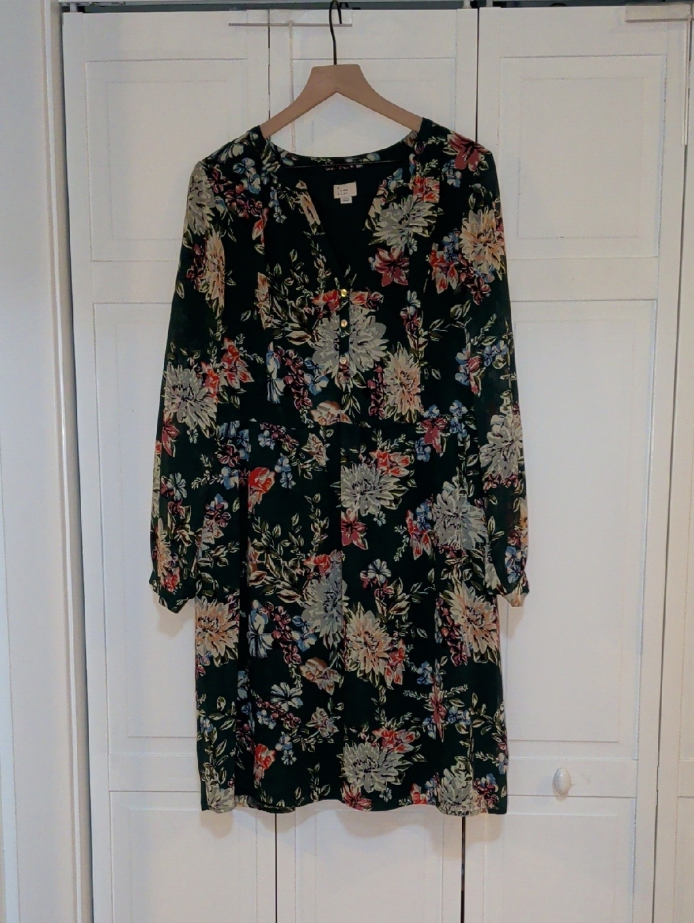 a new day Dark Green Floral V‑Neck Long Sleeve Dress Midi Lined